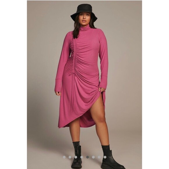 Anthropologie Mock Neck Long-Sleeved Ruched Pink Maxi Dress 3X - Picture 7 of 8